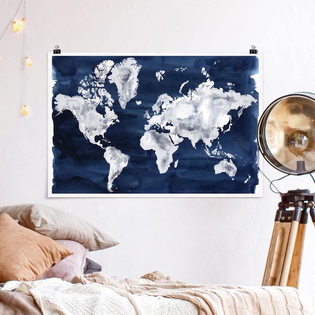Wanddeko blau Wasser-Weltkarte dunkel