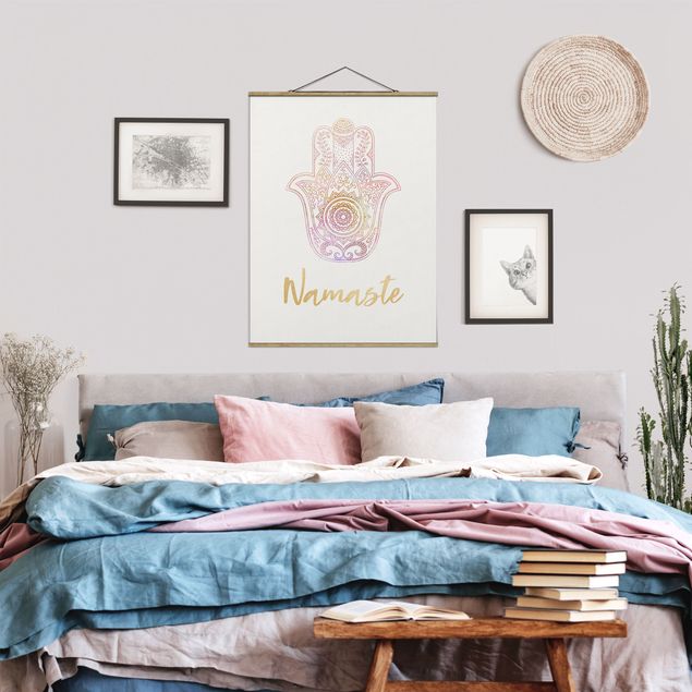 Wanddeko Schlafzimmer Hamsa Hand Illustration Namaste gold rosa