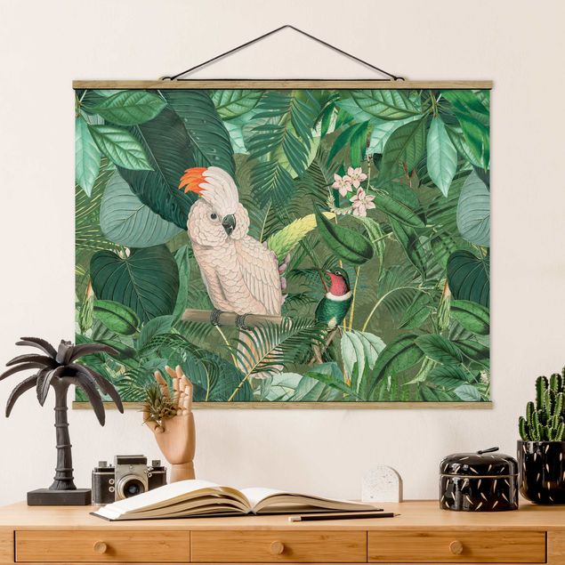 Wanddeko Wohnzimmer Vintage Collage - Kakadu und Kolibri