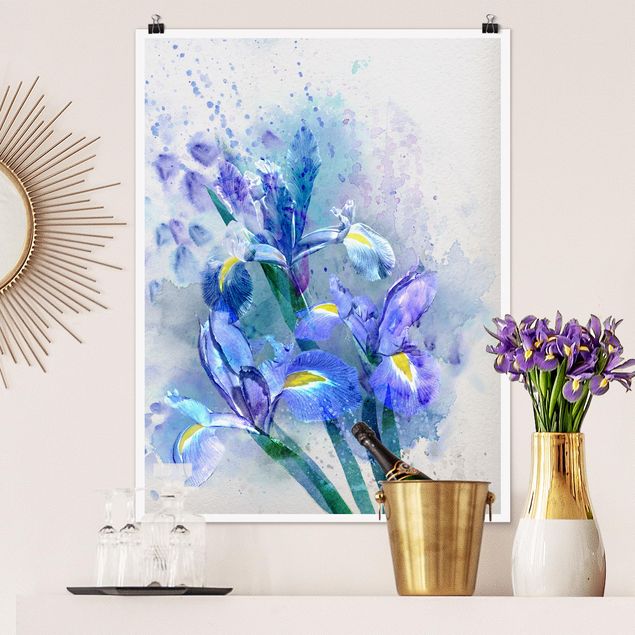 Wanddeko blau Aquarell Blumen Iris