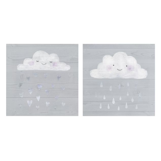 Wanddeko Jungenzimmer Wolken mit silbernen Herzen und Tropfen Set I