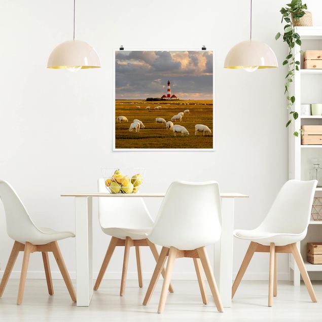 Wanddeko Küche Nordsee Leuchtturm mit Schafsherde