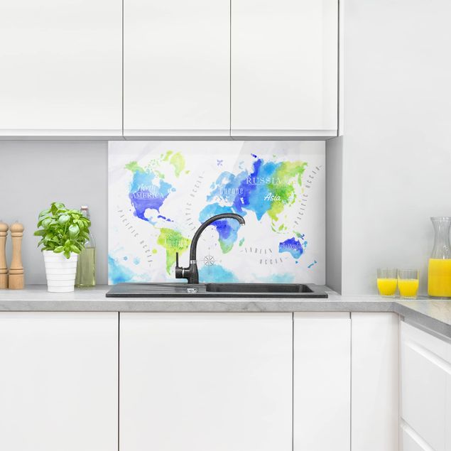 Küche Dekoration Weltkarte Aquarell blau grün
