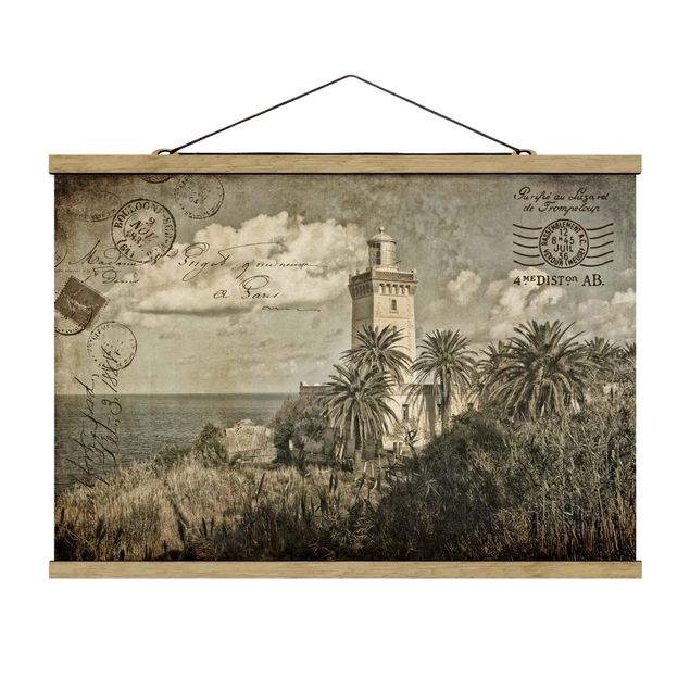 Wanddeko Esszimmer Vintage Postkarte mit Leuchtturm und Palmen