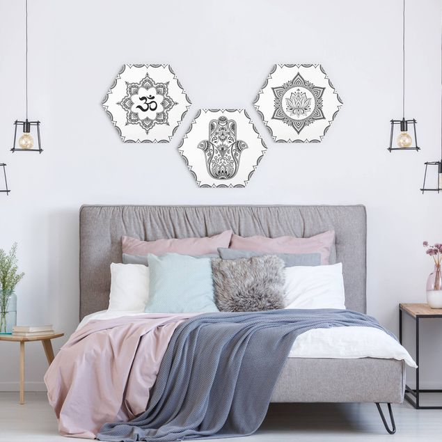 Wanddeko Schlafzimmer Hamsa Hand Lotus OM Illustration Set Schwarz Weiß