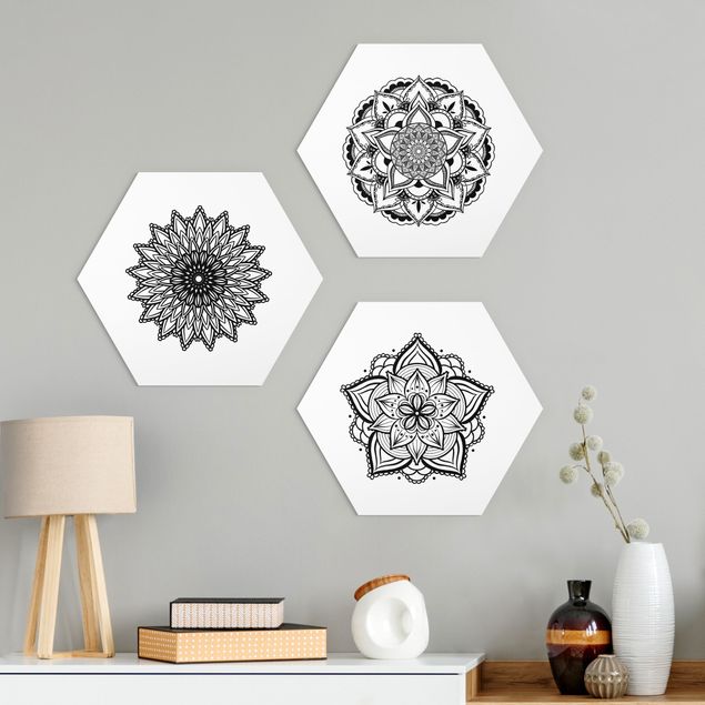 Wanddeko Schlafzimmer Mandala Blüte Sonne Illustration Set Schwarz Weiß