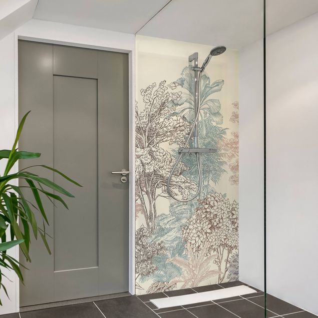 Wanddeko Büro Tropenwald mit Palmen in Pastell
