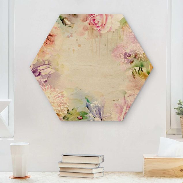 Wanddeko Schlafzimmer Aquarell Blütenmix Pastell
