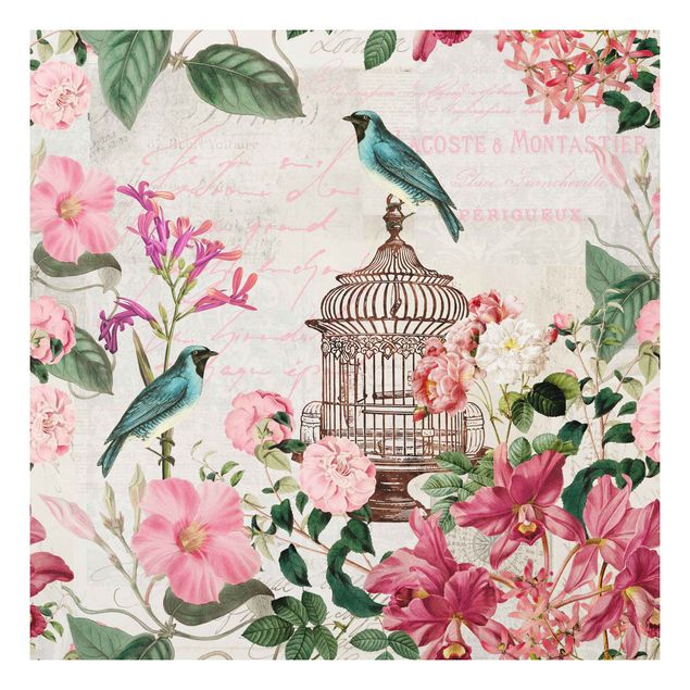 Wanddeko Blume Shabby Chic Collage - Rosa Blüten und blaue Vögel