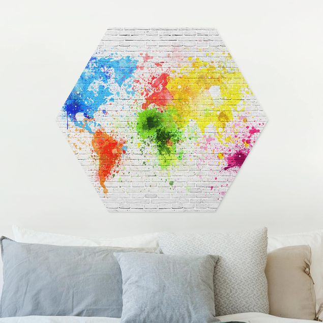 Wohndeko 3D Weiße Backsteinwand Weltkarte