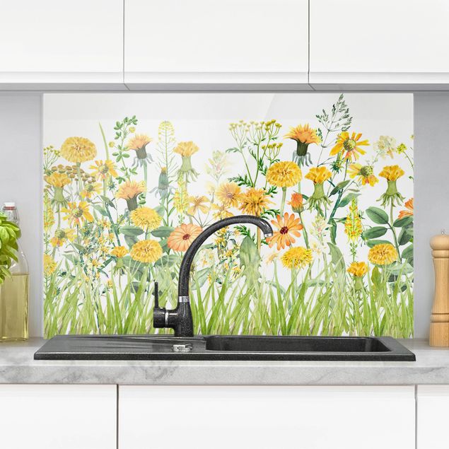 Küche Dekoration Aquarellierte Blumenwiese in Gelb
