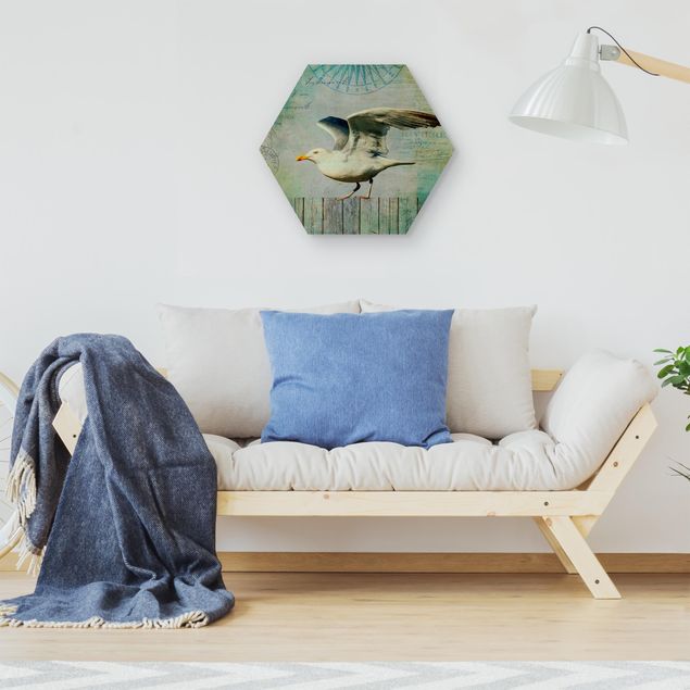 Wanddeko Schlafzimmer Vintage Collage - Seemöwe auf Holzplanken