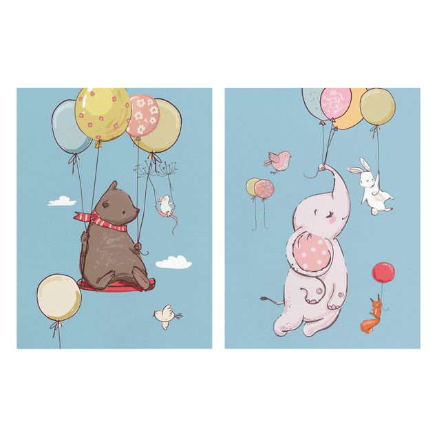 Wanddeko Büro Süße Tiere fliegen am Luftballon