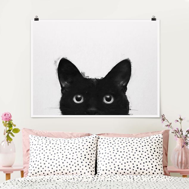 Wanddeko Flur Illustration Schwarze Katze auf Weiß Malerei
