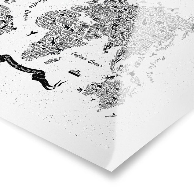 Wanddeko Treppenhaus Typografie Weltkarte weiß