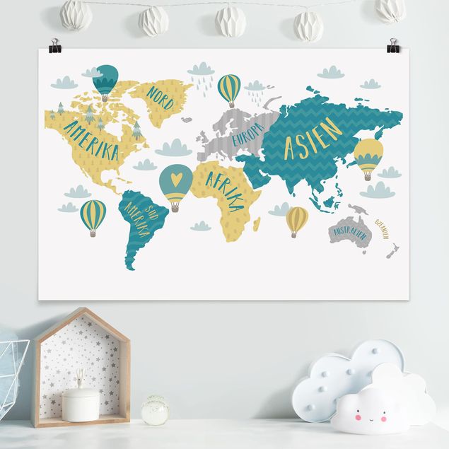 Kinderzimmer Deko Weltkarte mit Heißluftballon