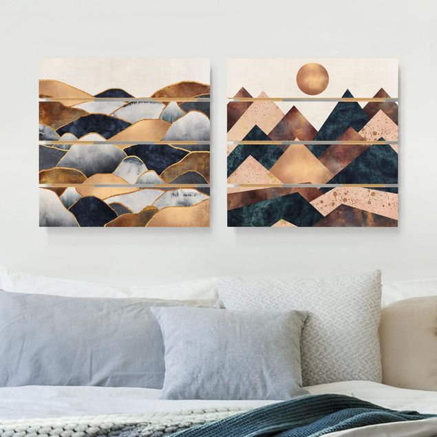 Wanddeko Schlafzimmer Geometrische & Goldene Berge Aquarell