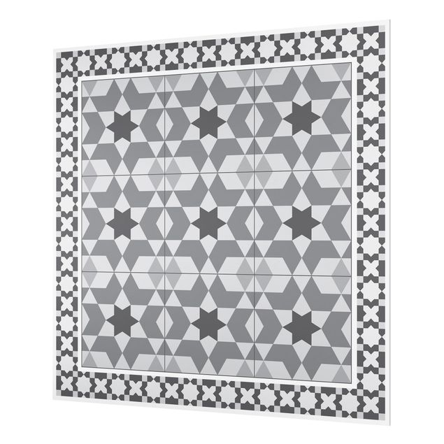 Glasrückwand Küche Muster Geometrische Fliesen Kaleidoskop Grau mit Bordüre