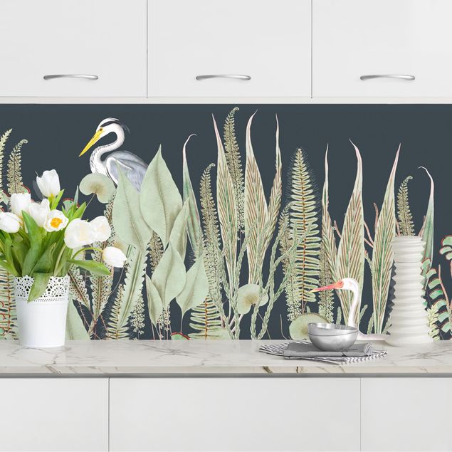 Küchen Deko Flamingo und Storch mit Pflanzen auf Grün