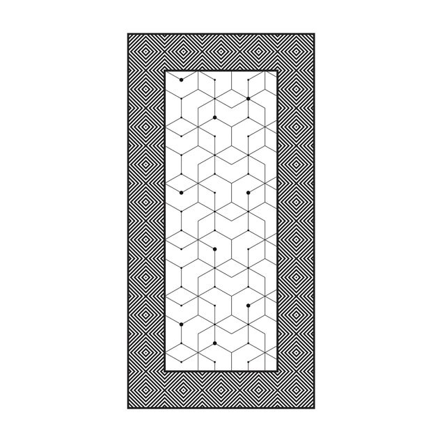 Wanddeko Treppenhaus Geometrische Fliesen Punktlinien Schwarz Weiß mit Bordüre