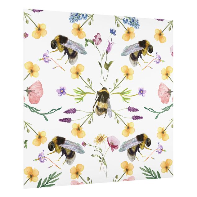 Wanddeko Muster Bienen mit Blumen