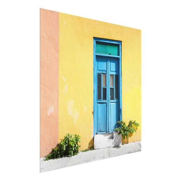 Wanddeko gelb Bunte Wand blaue Tür