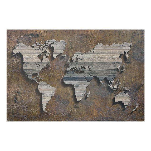 Wanddeko Büro Holz Rost Weltkarte