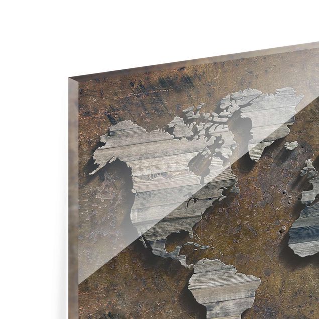 Wanddeko über Sofa Holz Rost Weltkarte