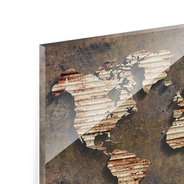Wanddeko über Bett Rost Weltkarte