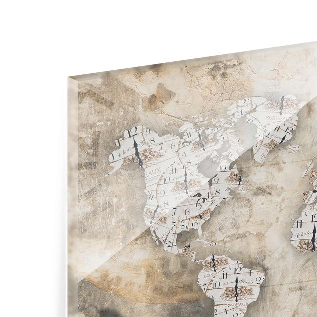 Wanddeko über Sofa Shabby Uhren Weltkarte