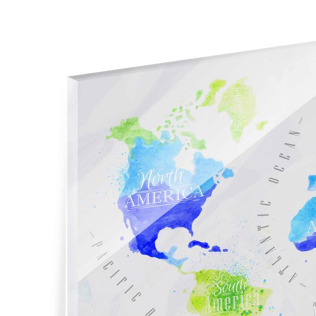Wanddeko über Bett Weltkarte Aquarell blau grün