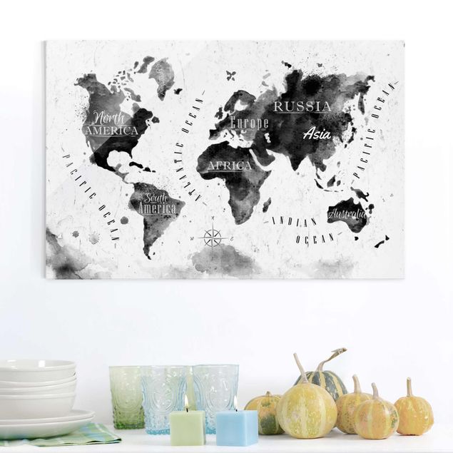 Wanddeko Flur Weltkarte Aquarell schwarz