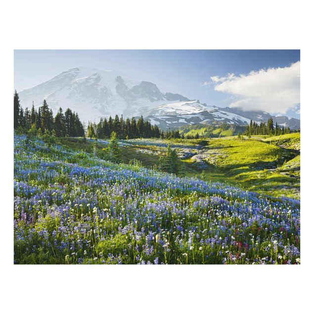 Wanddeko Büro Bergwiese mit blauen Blumen vor Mt. Rainier