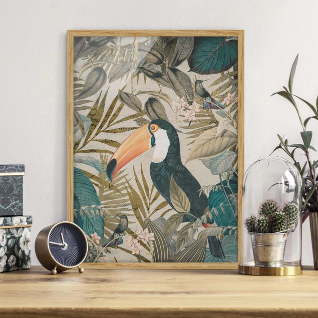 Wanddeko Wohnzimmer Vintage Collage - Tukan im Dschungel