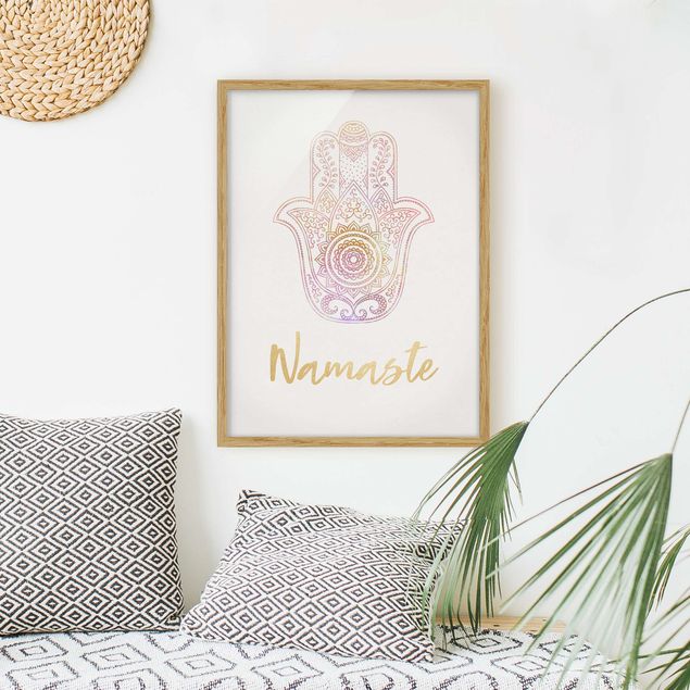 Wanddeko Wohnzimmer Hamsa Hand Illustration Namaste gold rosa