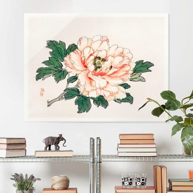Glasbilder Rose Asiatische Vintage Zeichnung Rosa Chrysantheme