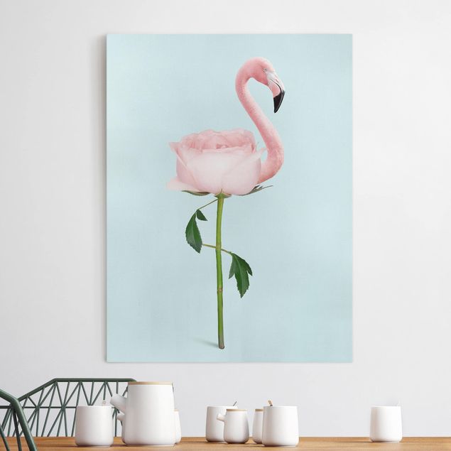 Wanddeko blau Flamingo mit Rose