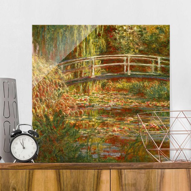 Wanddeko Treppenhaus Claude Monet - Seerosenteich und japanische Brücke (Harmonie in rosa)