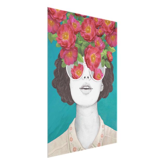 Wanddeko Schlafzimmer Illustration Portrait Frau Collage mit Blumen Brille