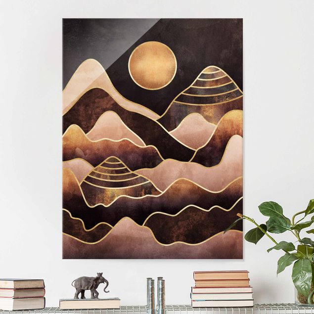 Wanddeko über Sofa Goldene Sonne abstrakte Berge