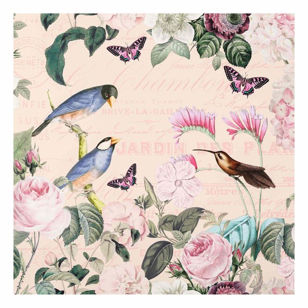 Wanddeko Esszimmer Vintage Collage - Rosen und Vögel