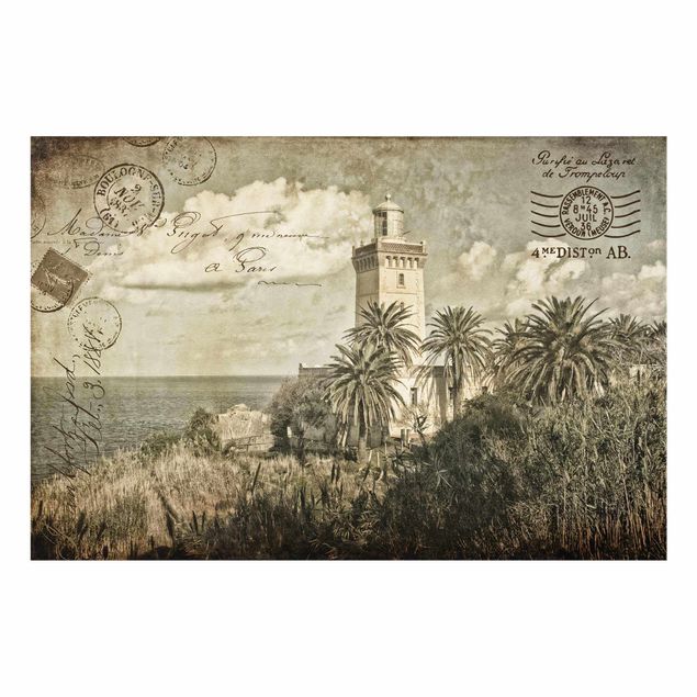 Wanddeko Büro Leuchtturm und Palmen - Vintage Postkarte
