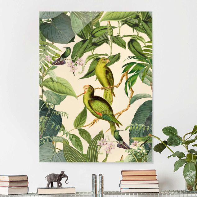 Wanddeko Schlafzimmer Vintage Collage - Papageien im Dschungel