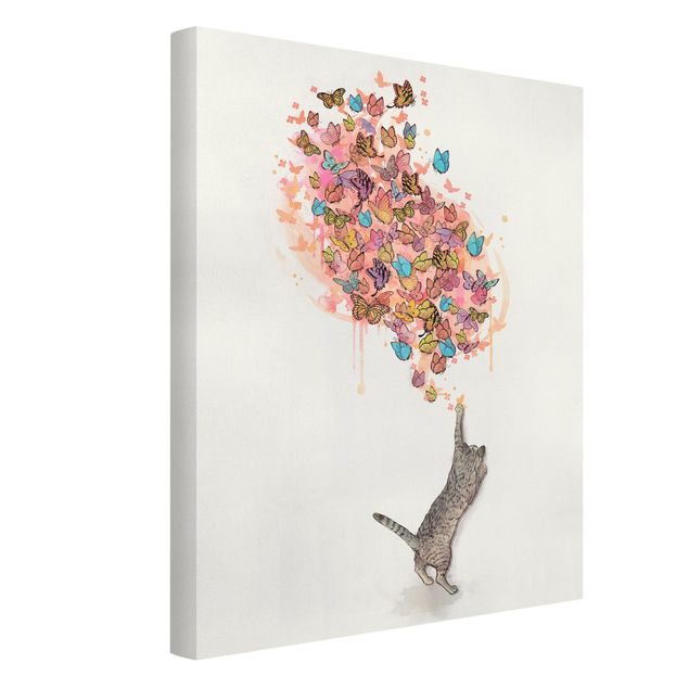 Wanddeko Flur Illustration Katze mit bunten Schmetterlingen Malerei
