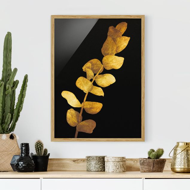 Wanddeko Wohnzimmer Gold - Eukalyptus auf Schwarz