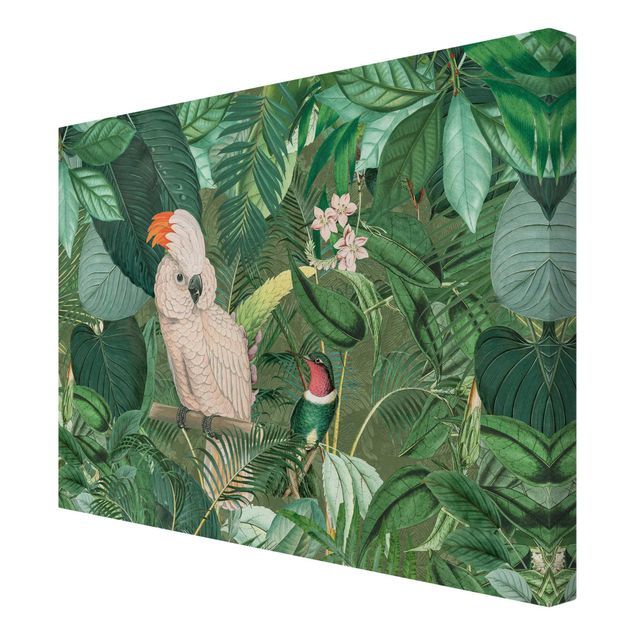 Wanddeko grün Vintage Collage - Kakadu und Kolibri