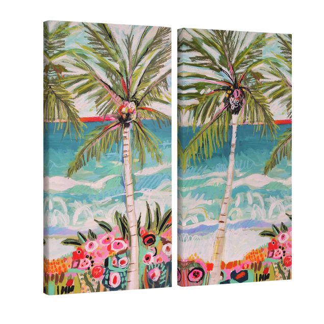 Wanddeko Esszimmer Palme mit pinken Blumen Set I