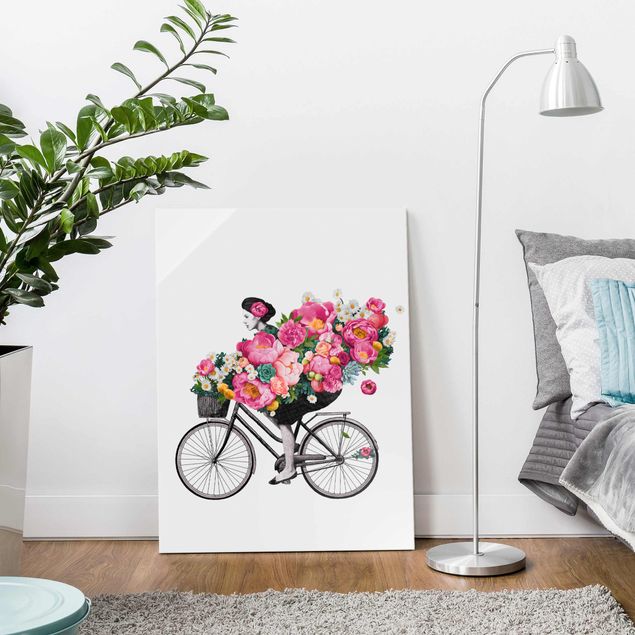 Deko Blume Illustration Frau auf Fahrrad Collage bunte Blumen