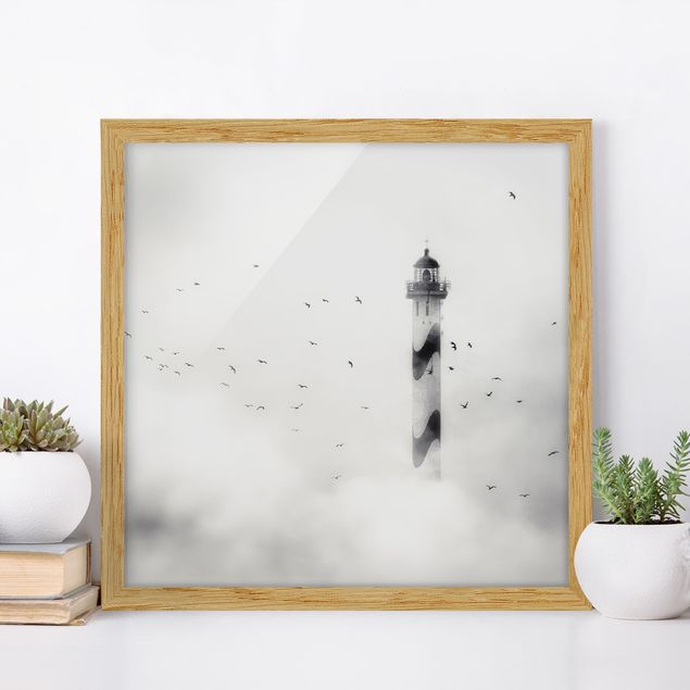 Strandbilder mit Rahmen Leuchtturm im Nebel