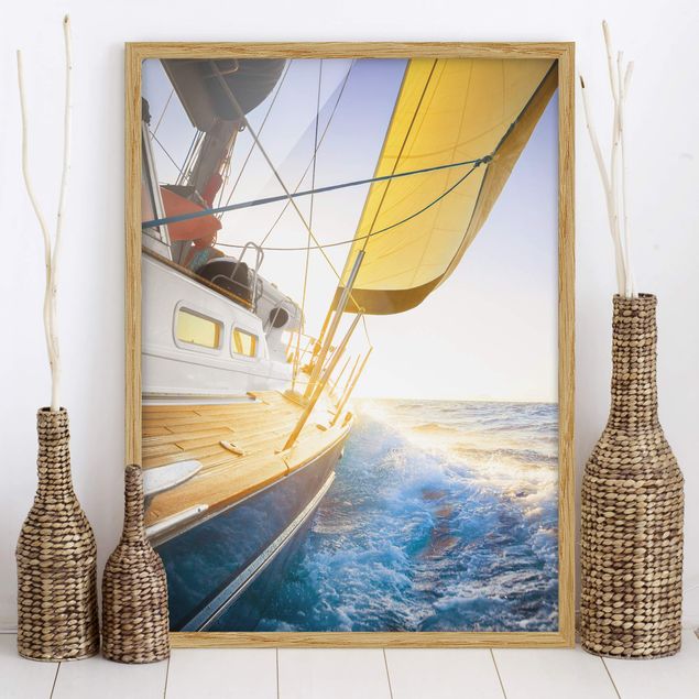 Strandbilder mit Rahmen Segelboot auf blauem Meer bei Sonnenschein